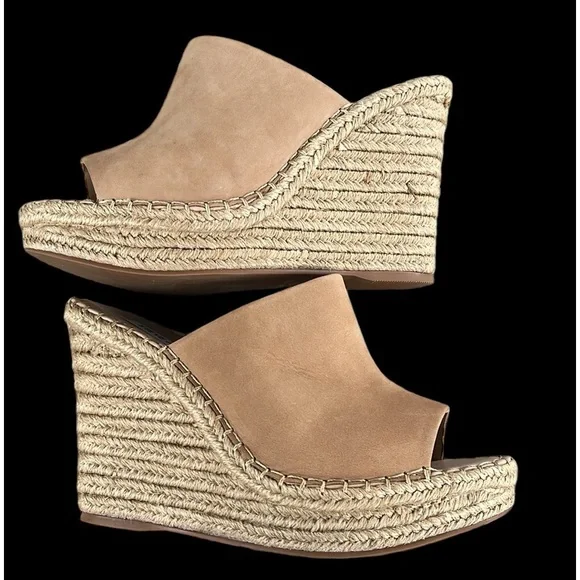🏖️ STEVE MADDEN Beige Goring Wedge Slip On Leather Rise Shoes Women’s … - Picture 1 of 14